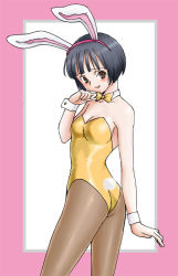 Rule 34 | 1girl, animal ears, ass, bare shoulders, black hair, blush, bow, bowtie, breasts, brown eyes, rabbit ears, rabbit tail, playboy bunny, cleavage, detached collar, fake animal ears, female focus, kobayakawa rinko, leotard, looking at viewer, looking back, love plus, pantyhose, short hair, shy, small breasts, smile, solo, tail, uraharukon, wrist cuffs