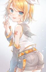 Rule 34 | 1227ree, 1girl, :p, arm tattoo, black sailor collar, black shorts, black sleeves, blonde hair, blue eyes, blunt bangs, bow, bow hairband, commentary, detached sleeves, hair bow, hair ornament, hairband, hairclip, highres, kagamine rin, long hair, long sleeves, nail polish, number tattoo, sailor collar, sailor shirt, shirt, short hair, shorts, sleeveless, sleeveless shirt, solo, swept bangs, symbol-only commentary, tattoo, tongue, tongue out, very long hair, vocaloid, white bow, white hairband, yellow nails