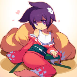 Rule 34 | 1girl, animal ears, barefoot, blunt bangs, borrowed character, copyright request, fox ears, fox tail, heart, japanese clothes, kimono, long sleeves, looking at viewer, metata, multiple tails, obi, one-piece swimsuit, purple eyes, purple hair, red kimono, sash, short hair, solo, sweat, swimsuit, swimsuit under clothes, tail, white one-piece swimsuit
