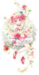 Rule 34 | 10s, 1girl, bad id, bad pixiv id, blush, bow, choker, dress, flower, frills, full body, gloves, hajida, happy, highres, kaname madoka, kneehighs, magical girl, mahou shoujo madoka magica, mahou shoujo madoka magica (anime), mary janes, orange flower, orange rose, pink eyes, pink flower, pink hair, pink rose, puffy sleeves, red flower, red rose, ribbon, rose, shoes, short hair, short twintails, socks, solo, twig, twintails, white gloves, white socks, wings