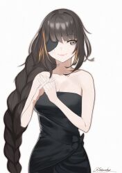 Rule 34 | 1girl, black dress, braid, breasts, brown eyes, brown hair, closed mouth, dress, eyepatch, girls&#039; frontline, highres, looking to the side, m16a1 (girls&#039; frontline), medium breasts, mole, mole under eye, multicolored hair, own hands together, saturndxy, scar, simple background