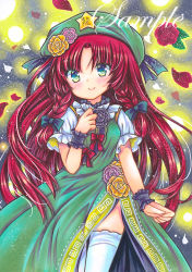 Rule 34 | 1girl, blue eyes, braid, breasts, china dress, chinese clothes, closed mouth, cowboy shot, dress, floral background, flower, green headwear, hair flower, hair ornament, hong meiling, long hair, looking at viewer, marker (medium), petals, puffy short sleeves, puffy sleeves, red flower, red hair, red rose, rose, rose background, rose petals, rui (sugar3), sample watermark, short sleeves, small breasts, smile, solo, star (symbol), thighhighs, touhou, traditional media, twin braids, very long hair, watermark, white thighhighs, wrist cuffs, zettai ryouiki