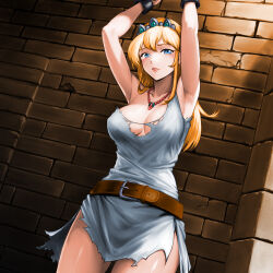 Rule 34 | 1girl, armpits, arms up, artemis (phelios), belt, blonde hair, blue eyes, breasts, brick wall, brown belt, cleavage, collarbone, crack, cracked wall, cuffs, dress, highres, jewelry, large breasts, legs apart, long hair, minamoto80486, necklace, open mouth, phelios, restrained, ringed eyes, shackles, short dress, solo, standing, tiara, torn clothes, torn dress, white dress