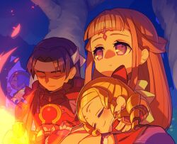 Rule 34 | 1boy, 3girls, armor, blonde hair, blue hair, blunt bangs, blush, brown hair, campfire, chibi, closed eyes, closed mouth, dress, drill hair, earrings, fire, forest, hair ribbon, japanese armor, jelanda, jewelry, light smile, long hair, multiple girls, nature, night, open mouth, parted bangs, parted lips, purple dress, purple eyes, red armor, red ribbon, ribbon, samurai, sheath, sheathed, shiho (valkyrie profile), sleeping, sleeping on person, suo (valkyrie profile), sword, tree, valkyrie profile (series), weapon, white headwear, yawning, yumei (valkyrie profile), yunde (twez3727)