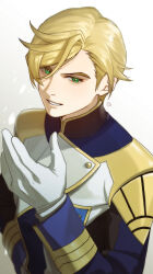 Rule 34 | 1boy, artist logo, blonde hair, commentary request, gloves, green eyes, grey background, gundam, gundam tekketsu no orphans, hair between eyes, hand on own hip, hand up, jacket, long sleeves, looking at viewer, male focus, mcgillis fareed, military jacket, parted lips, short hair, smile, solo, teeth, upper body, ususio 11, white gloves