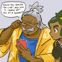 2boys adjusting_eyewear black_eyes blue_shirt closed_eyes closed_mouth commentary creatures_(company) dark-skinned_male dark_skin english_text facial_hair game_freak glasses go-lurk grandfather_and_grandson green_hair grey_background grey_hair hala_(pokemon) hau_(pokemon) highres holding holding_phone jacket male_focus multiple_boys mustache nintendo open_clothes open_jacket phone pokemon pokemon_sm shirt short_sleeves speech_bubble teeth yellow_jacket