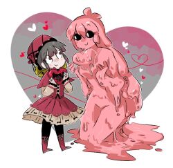 Rule 34 | 2girls, black pantyhose, black sclera, blush, boots, brown hair, capelet, closed mouth, colored sclera, dress, flower, heart, laetitia (project moon), lobotomy corporation, long hair, melting love, monster girl, multiple girls, pantyhose, pink capelet, pink dress, pink eyes, pink flower, pink hair, pink headwear, project moon, slime (substance), slime girl, very long hair, wakame 031412, white eyes