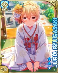 Rule 34 | 1girl, blonde hair, breasts, card (medium), character name, day, girlfriend (kari), indoors, japanese clothes, kimono, kneeling, long sleeves, official art, open mouth, qp:flapper, red eyes, ryugasaki juria, small breasts, tagme, white kimono