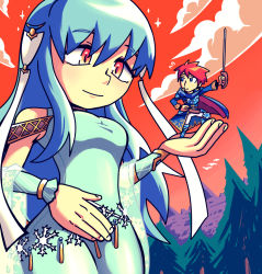 Rule 34 | 1boy, 1girl, blue cape, blue dress, blue eyes, blue hair, cape, closed mouth, cloud, commentary, detached sleeves, dress, eliwood (fire emblem), english commentary, fingernails, fire emblem, fire emblem: the blazing blade, fire emblem heroes, flying sweatdrops, forest, giant, giantess, hair ornament, hand on own hip, holding, holding sword, holding weapon, in palm, long hair, looking at another, nature, ninian, nintendo, rapier, red eyes, red hair, setz, smile, sword, weapon