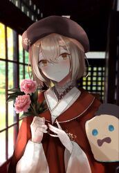 Rule 34 | :&lt;, absurdres, ahoge, architecture, beret, blush, bow, bowtie, braid, braided bangs, brown eyes, brown hair, crossed bangs, east asian architecture, fingernails, floral print, flower, friend (nanashi mumei), gloves, hat, highres, holding, holding flower, hololive, hololive english, indoors, japanese clothes, kimono, lace, lace gloves, looking at viewer, multicolored hair, nanashi mumei, nanashi mumei (new year), official alternate costume, print kimono, red shawl, shawl, short hair, streaked hair, suiutoko, top hat, virtual youtuber, white kimono, wide sleeves