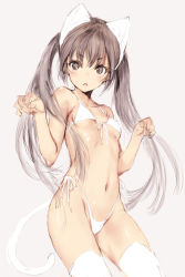 Rule 34 | 1girl, animal ears, bikini, black eyes, black hair, breasts, cat ears, cat tail, child, fake animal ears, front-tie top, kawata hisashi, long hair, looking at viewer, paw pose, side-tie bikini bottom, simple background, sketch, small breasts, solo, string bikini, swimsuit, tail, thighhighs, twintails, white bikini, white thighhighs