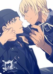 Rule 34 | 2boys, akai shuuichi, alternate costume, amuro tooru, beanie, black headwear, black jacket, black shirt, blonde hair, blue eyes, cigarette, clenched hand, closed mouth, commentary request, dark skin, dark-skinned male, eye contact, from side, gakuran, green eyes, hair between eyes, hand on another&#039;s shoulder, hat, holding, holding cigarette, jacket, looking at another, male focus, mashima shima, meitantei conan, multiple boys, parted lips, school uniform, shirt, simple background, smile, smoke, twitter username, white background, yaoi