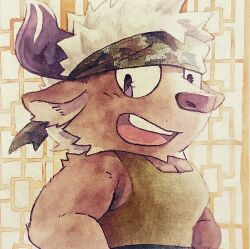 Rule 34 | 1boy, akaze suika, animal ears, bara, brown fur, camouflage, camouflage headwear, chibi, commentary request, cow ears, cow horns, furry, furry male, green tank top, headband, highres, horns, male focus, minotaur, muscular, muscular male, open mouth, painting (medium), purple eyes, purple horns, shennong (housamo), short hair, smile, solo, tank top, teeth, tokyo houkago summoners, traditional media, upper body, upper teeth only, watercolor (medium), white hair