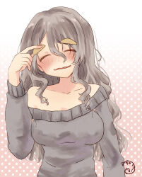 1girl absurdres artist_logo blush breasts closed_eyes collarbone commentary_request dress facing_viewer food gradient_background grey_dress grey_hair highres kantai_collection logo looking_at_viewer medium_breasts mizunototori nose_blush off-shoulder_dress off_shoulder official_alternate_costume pink_background pola_(kancolle) pola_(saury_festival)_(kancolle) sleeveless sleeveless_dress smile solo takuan wavy_mouth white_background