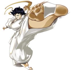 Rule 34 | 1girl, baggy pants, barefoot, black hair, breasts, choker, cleavage, clenched teeth, dougi, feet, flying kick, foot focus, foreshortening, full body, johnrokk, kicking, large breasts, makoto (street fighter), motion blur, ntk (7t5), outstretched leg, pants, ribbon choker, scarf, short hair, simple background, soles, solo, sports bra, street fighter, teeth, toe, toe scrunch, toeless legwear, toes, white background