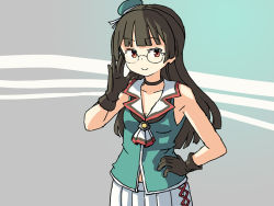 Rule 34 | 1girl, ascot, black gloves, black hair, choker, choukai (kancolle), choukai kai ni (kancolle), collarbone, commentary, cowboy shot, english commentary, glasses, gloves, gradient background, hair ornament, hand on own hip, headgear, kantai collection, long hair, looking at viewer, one-hour drawing challenge, pleated skirt, red eyes, shirt, sixten, skirt, sleeveless, sleeveless shirt, solo, white ascot, white skirt