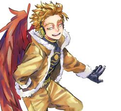 Rule 34 | 1boy, black gloves, blonde hair, boku no hero academia, brown jacket, brown pants, feathers, fur-trimmed jacket, fur trim, gloves, hand in pocket, hawks (boku no hero academia), headphones, highres, jacket, male focus, nishino (fetv8484), open mouth, pants, red feathers, red wings, short hair, simple background, solo, white background, wings, yellow eyes