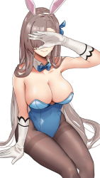 Rule 34 | 1girl, absurdres, animal ears, asuna (blue archive), asuna (bunny) (blue archive), asymmetrical bangs, bare shoulders, blue archive, blue bow, blue leotard, blue neckwear, blue ribbon, bow, bowtie, breasts, brown pantyhose, buyong22, cleavage, closed mouth, commentary, covering face, covering own eyes, detached collar, elbow gloves, facing viewer, fake animal ears, feet out of frame, gloves, hair intakes, hair ribbon, highleg, highleg leotard, highres, large breasts, leotard, light brown hair, long hair, pantyhose, playboy bunny, rabbit ears, ribbon, simple background, sitting, smile, solo, thighband pantyhose, traditional bowtie, white background, white gloves, wing collar
