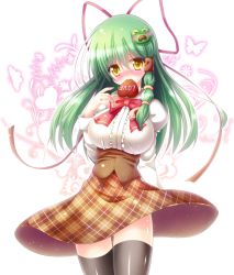 Rule 34 | &gt; &lt;, 1girl, black thighhighs, blush, breasts, bug, butterfly, candy, chocolate, chocolate heart, corset, closed eyes, food, frog hair ornament, green hair, hair ornament, hair ribbon, heart, high-waist skirt, insect, juliet sleeves, kochiya sanae, large breasts, long hair, long sleeves, looking at viewer, mouth hold, osashin (osada), puffy sleeves, ribbon, shirt, skirt, snake hair ornament, solo, thighhighs, touhou, underbust, valentine, yellow eyes, zettai ryouiki