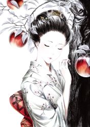 Rule 34 | 1girl, apple, ballpoint pen (medium), black hair, cherry blossoms, colored skin, closed eyes, floral print, food, fruit, hair ornament, hairpin, highres, japanese clothes, kimono, md5 mismatch, monochrome, original, resized, solo, sousou (sousouworks), spot color, traditional media, tree, white skin