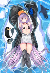 Rule 34 | 1girl, absurdly long hair, absurdres, animal hood, armor, bare shoulders, bikini, bird, black bikini, black jacket, blue bow, blue choker, blush, bow, breasts, choker, collarbone, fate/grand order, fate (series), greaves, hair between eyes, has bad revision, has downscaled revision, highres, hood, hood up, huge filesize, ice, jacket, long hair, long sleeves, looking at viewer, lying, md5 mismatch, meltryllis, meltryllis (fate), meltryllis (swimsuit lancer) (fate), meltryllis (swimsuit lancer) (first ascension) (fate), muka tsuku, navel, on back, open clothes, open jacket, parted lips, penguin, penguin hood, purple hair, resolution mismatch, sleeves past fingers, sleeves past wrists, small breasts, source smaller, swimsuit, thighs, very long hair, water
