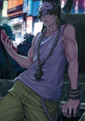 Rule 34 | 1boy, beanie, bitou daisukenojou, blonde hair, blue eyes, bracelet, cargo pants, cellphone, chain, chain necklace, flip phone, hat, highres, holding, holding phone, jewelry, leaning back, leaning on object, looking at viewer, male focus, muscular, muscular male, necklace, night, pants, phone, shirt, skull necklace, skull print, sleeveless, sleeveless shirt, solo, solo focus, subarashiki kono sekai, white shirt