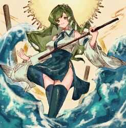 Rule 34 | 1girl, bare shoulders, blue sky, blue thighhighs, breasts, commentary request, detached sleeves, frog hair ornament, gohei, green eyes, green hair, hair ornament, high-waist skirt, highres, holding, holding gohei, kochiya sanae, long hair, long sleeves, medium breasts, ocean, oftooon, shirt, side slit, single sidelock, skirt, sky, sleeveless, sleeveless shirt, snake hair ornament, solo, thighhighs, touhou, very long hair, white shirt, white sleeves, wide sleeves