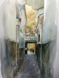 Rule 34 | alley, building, day, drainpipe, gutter, highres, mouen tw, original, painting (medium), path, road, shadow, street, sunlight, town, traditional media, watercolor (medium)