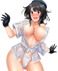 Rule 34 | 1girl, beret, black gloves, black hair, blue hat, blush, breasts, collarbone, fundoshi, gloves, gluteal fold, hat, highres, japanese clothes, kantai collection, large breasts, looking at viewer, navel, nose blush, open mouth, panties, red eyes, see-through, shirt, short hair, sidelocks, simple background, solo, standing, surprised, takao (kancolle), underwear, wet, wet clothes, white background, white panties, white shirt, zanntetu