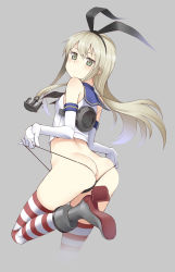 Rule 34 | 10s, 1girl, anchor hair ornament, ass, black panties, blonde hair, blush, butt crack, crop top, elbow gloves, from behind, gloves, green eyes, hair ornament, highleg, highleg panties, highres, kamata yuuya, kantai collection, long hair, looking at viewer, looking back, no pants, panties, shimakaze (kancolle), solo, striped clothes, striped thighhighs, thighhighs, thong, underwear, wedgie, white gloves