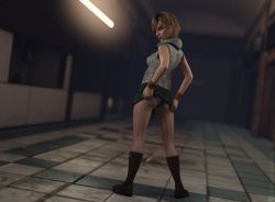 Rule 34 | 1girl, 3d, artist request, ass, breasts, clothes lift, heather mason, highres, jacket, lips, looking at viewer, looking back, medium breasts, panties, short hair, silent hill, silent hill (series), silent hill 3, skirt, skirt lift, sleeveless, sleeveless turtleneck, solo, turtleneck, underwear, vest