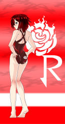 Rule 34 | 1girl, absurdres, adjusting clothes, adjusting swimsuit, ass, back, bad id, bad pixiv id, bare shoulders, barefoot, blush, flower, from behind, grey eyes, highres, looking at viewer, looking back, one-piece swimsuit, profile, red hair, red theme, rose, ruby rose, rwby, short hair, grey eyes, solo, standing, swimsuit