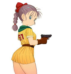 Rule 34 | 1girl, absurdres, belt, blue eyes, bow, braid, braided ponytail, brown belt, brown gloves, bulma, closed mouth, commentary request, cowboy shot, dragon ball, dragon ball (classic), dress, gloves, green scarf, gun, hair behind ear, hair bow, highres, holding, holding gun, holding weapon, long hair, purple hair, red bow, rokoido12, scarf, short dress, short sleeves, single braid, solo, striped clothes, striped dress, thighs, vertical-striped clothes, vertical-striped dress, weapon, white background, yellow dress