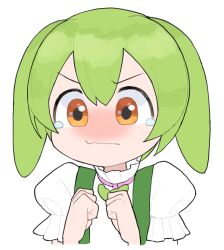 Rule 34 | 1girl, animal ears, blush, clenched hands, closed mouth, green hair, hair between eyes, highres, okepi, orange eyes, puffy short sleeves, puffy sleeves, shirt, short hair, short sleeves, simple background, solo, suspenders, tears, upper body, voicevox, wavy mouth, white background, white shirt, zundamon