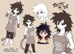 Rule 34 | 1girl, 2015, arm at side, bad id, bad pixiv id, bare arms, bare shoulders, black eyes, black hair, boots, clenched hand, clone, close-up, dated, dragon ball, full body, gine, grey background, happy, looking at viewer, monochrome, multiple views, serious, short hair, simple background, smile, spread legs, standing, tail, teeth, twitter username, upper body, wristband