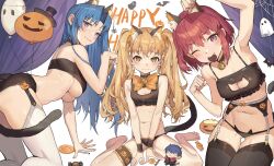 Rule 34 | 3girls, ;), absurdres, aisaka taiga, all fours, animal collar, animal ears, armpits, ass, balloon, bandeau, barefoot, bell, black bandeau, black bra, black garter belt, black thighhighs, blue eyes, blue hair, bow, bowtie, bra, breasts, brown eyes, brown hair, candy, cat ears, cat lingerie, cat tail, chamchamshia, character doll, chocolate, cleavage, closed mouth, collar, commentary, dog ears, dog tail, embarrassed, fake animal ears, fake tail, food, food in mouth, garter belt, halloween costume, happy halloween, highres, kawashima ami, kushieda minori, large breasts, lollipop, long hair, looking at viewer, meme attire, mouth hold, multiple girls, navel, neck bell, one eye closed, orange bow, orange bowtie, paw pose, petite, pink eyes, pink hair, pumpkin, short hair, sitting, small breasts, smile, tail, takasu ryuuji, thighhighs, tiger ears, tiger tail, toes, toradora!, twintails, underboob, underwear, wariza, white background, white thighhighs