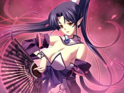Rule 34 | 1girl, bare shoulders, blue hair, breasts, cleavage, detached collar, detached sleeves, dungeon crusaderz, dungeon crusaderz 2, elf, hand fan, game cg, japanese clothes, kimono, large breasts, long hair, m&amp;m, mizuchi mao homura, pointy ears, solo, very long hair, yellow eyes