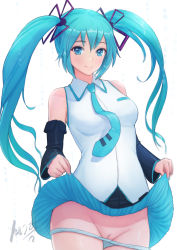 Rule 34 | 1girl, blouse, blue hair, blue nails, blue panties, cleft of venus, clothes lift, detached sleeves, hatsune miku, highres, lifted by self, looking at viewer, mezzo (orbanga21), nail polish, necktie, panties, panty pull, pussy, shirt, skirt, skirt lift, smile, solo, standing, twintails, uncensored, underwear, vocaloid, white background, white shirt