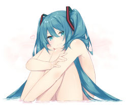 Rule 34 | 1girl, aqua eyes, aqua hair, bathing, closed mouth, fhang, gradient background, hand on own arm, hatsune miku, heart, hugging own legs, knees to chest, knees up, legs together, long hair, looking at viewer, nude, partially submerged, pink background, shiny skin, smile, solo, very long hair, vocaloid, water
