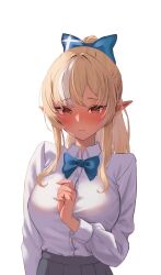 Rule 34 | 1girl, absurdres, alternate costume, blonde hair, blue bow, blue bowtie, blush, bow, bowtie, breasts, collared shirt, commentary, commentary request, dark-skinned female, dark elf, dark skin, elf, grey skirt, hair bow, high ponytail, highres, hololive, large breasts, long hair, long sleeves, multicolored hair, pleated skirt, pointy ears, ponytail, red eyes, sahemi, school uniform, shiranui flare, shirt, simple background, skirt, solo, streaked hair, upper body, virtual youtuber, white background, white hair, white shirt