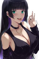 Rule 34 | 1girl, alternate breast size, bare shoulders, black choker, black dress, black hair, black nails, blunt bangs, blush, bocchi the rock!, breasts, choker, cleavage, colored inner hair, detached sleeves, dress, drooling, ear piercing, fellatio gesture, female focus, forked tongue, goth fashion, green eyes, highres, large breasts, long hair, long sleeves, looking at viewer, micchan (micchanmeido), multicolored hair, nail polish, open mouth, pa-san, piercing, purple hair, saliva, simple background, solo, tongue, upper body, white background