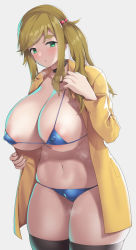 Rule 34 | 1girl, areola slip, bikini, blush, breasts, cameltoe, cloud, coat, collarbone, covered erect nipples, cowboy shot, groin, hair bobbles, hair ornament, half-closed eyes, highleg, highleg bikini, inuyama aoi, large breasts, light brown hair, long sleeves, looking at viewer, micro bikini, nagase haruhito, navel, nose blush, open clothes, open coat, open mouth, parted bangs, side ponytail, skindentation, solo, strap gap, string bikini, swept bangs, swimsuit, thick thighs, thighs, trench coat, underboob, wide hips, yurucamp