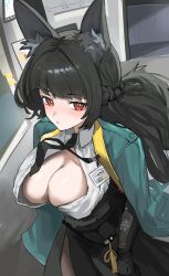 1girl absurdres animal_ear_fluff animal_ears black_hair black_necktie black_skirt blunt_bangs blush breasts cleavage closed_mouth cowboy_shot dress_shirt fox_ears fox_girl green_jacket high-waist_skirt highres hoshimi_miyabi jacket large_breasts long_hair looking_at_viewer necktie red_eyes shimotsukirinoa shirt sidelocks skirt solo white_shirt zenless_zone_zero