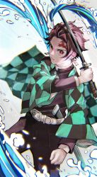 Rule 34 | 1boy, absurdres, belt, black pants, black shirt, checkered clothes, checkered haori, checkered jacket, chromatic aberration, commentary, earrings, hanafuda, haori, highres, holding, holding sword, holding weapon, jacket, japanese clothes, jewelry, kamado tanjirou, kimetsu no yaiba, kyuuba melo, looking at viewer, male focus, pants, red eyes, red hair, scar, scar on face, scar on forehead, sheath, shirt, solo, sword, unsheathed, water, weapon