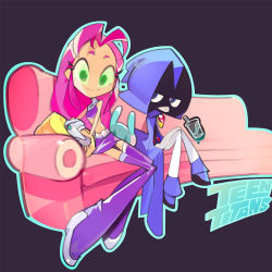 Rule 34 | 2girls, amiami, boots, cloak, copyright name, couch, dc comics, female focus, green eyes, highres, hood, multiple girls, pale skin, pink hair, purple footwear, raven (dc), sitting, starfire, teen titans, thigh boots, thighhighs
