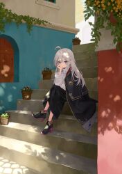 Rule 34 | 1girl, absurdres, ahoge, arm support, azuuru, black cape, black dress, black footwear, braid, cape, closed mouth, cover, cover image, crossed legs, dress, elaina (majo no tabitabi), full body, grey hair, high heels, highres, long hair, looking at viewer, majo no tabitabi, novel illustration, official art, outdoors, purple eyes, shirt, sitting, sitting on stairs, solo, stairs, sunlight, textless version, white shirt