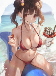 Rule 34 | 1girl, bare shoulders, bikini, blurry, blush, breasts, brown hair, cleavage, collarbone, depth of field, double bun, earrings, eating, food, fruit, hair bun, halterneck, highleg, highleg bikini, highres, ice cream, idolmaster, idolmaster shiny colors, jewelry, large breasts, looking at viewer, mouth hold, navel, ocean, red bikini, red eyes, short twintails, skindentation, sola (solo0730), solo, sonoda chiyoko, spoon, strawberry, string bikini, swimsuit, thighs, twintails, wet