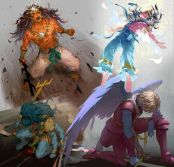 Rule 34 | 4boys, abs, angel wings, anklet, armlet, armor, backlighting, baggy pants, barefoot, belt, black hair, blonde hair, blood, blood splatter, blue hair, blue pants, blue skin, clenched hand, closed eyes, colored skin, crown, defeat, earrings, extra arms, fighting stance, floating, floating hair, hand on own knee, headgear, highres, holding, holding sword, holding trident, holding weapon, indian clothes, jewelry, kneeling, long hair, magatama, magatama earrings, magatama necklace, male focus, multiple boys, muscular, muscular male, necklace, o c x, pants, pectorals, pink skin, pointy ears, polearm, ponytail, red armor, red skin, shin megami tensei, shin megami tensei ii, shiva (megami tensei), short hair, shouting, susanoo (megami tensei), sword, tabard, trident, uriel (megami tensei), virochana (megami tensei), weapon, white pants, wings