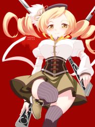 Rule 34 | 10s, 1girl, beret, blonde hair, blush, boots, copyright name, detached sleeves, drill hair, gun, hair ornament, hairpin, hat, hazuki gean, long hair, magical girl, magical musket, mahou shoujo madoka magica, mahou shoujo madoka magica (anime), pleated skirt, puffy sleeves, red background, ribbon, rifle, simple background, skirt, smile, solo, striped clothes, striped thighhighs, thighhighs, tomoe mami, twintails, vertical-striped clothes, vertical-striped thighhighs, weapon, yellow eyes, zettai ryouiki