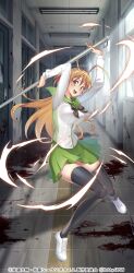 Rule 34 | 1girl, ass, black thighhighs, blood, blood on ground, blood on wall, blush, breasts, brown eyes, brown hair, copyright notice, full body, green skirt, highres, highschool of the dead, holding, holding weapon, indoors, large breasts, long hair, long sleeves, miniskirt, miyamoto rei, official art, open mouth, queen&#039;s blade, queen&#039;s blade limit break, school, school uniform, shirt, skirt, solo, sparks, teeth, thighhighs, wallpaper, weapon, white footwear, white shirt, window
